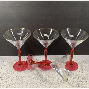 Set of 4 Italian Made Wine Glasses Pink Stem Gold Rim Crystal ("Linea Quattro")